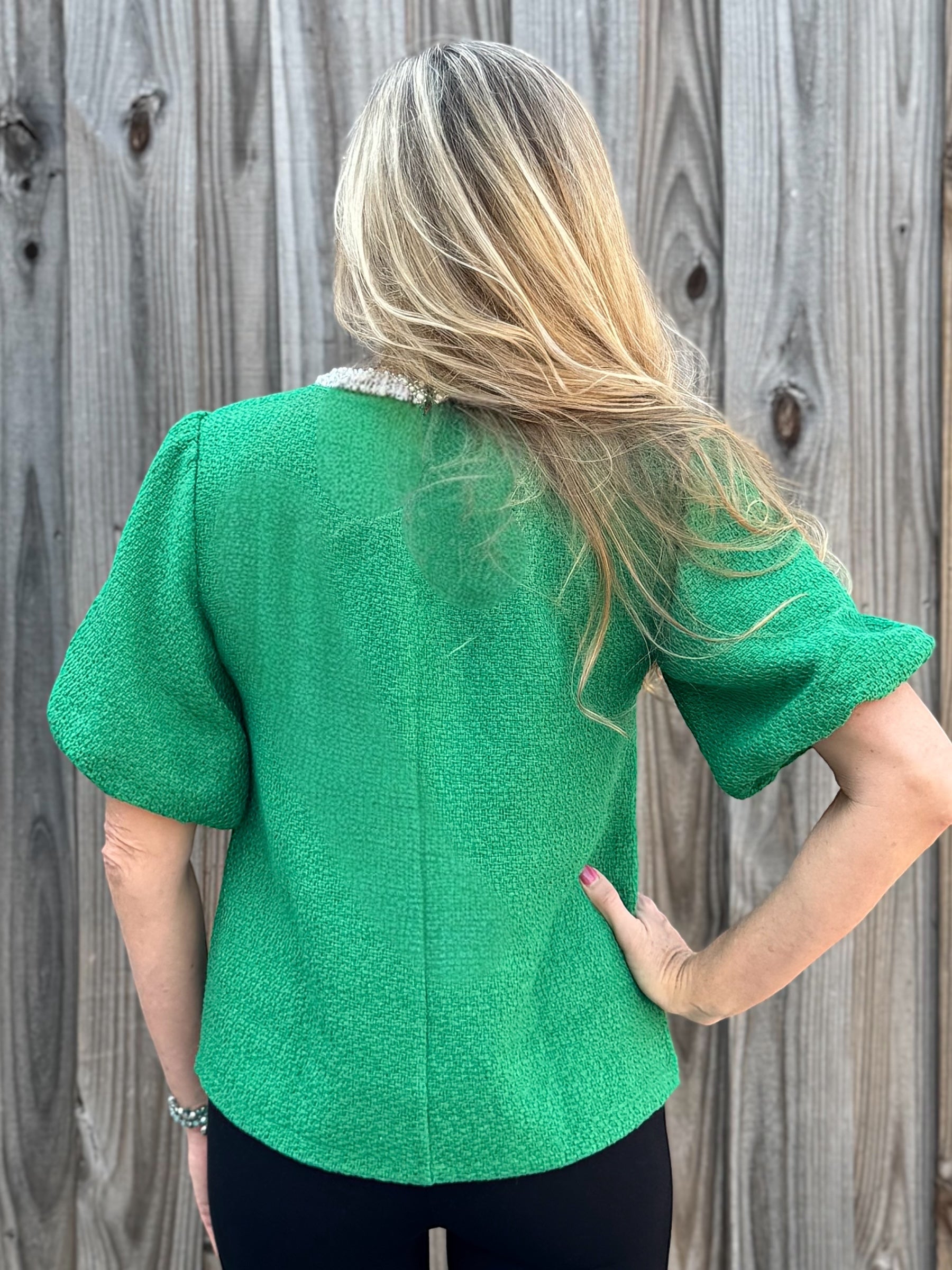 Pearl Trim Short Puff Sleeve Tweed Top in green at ooh la la! in grapevine TX 76051