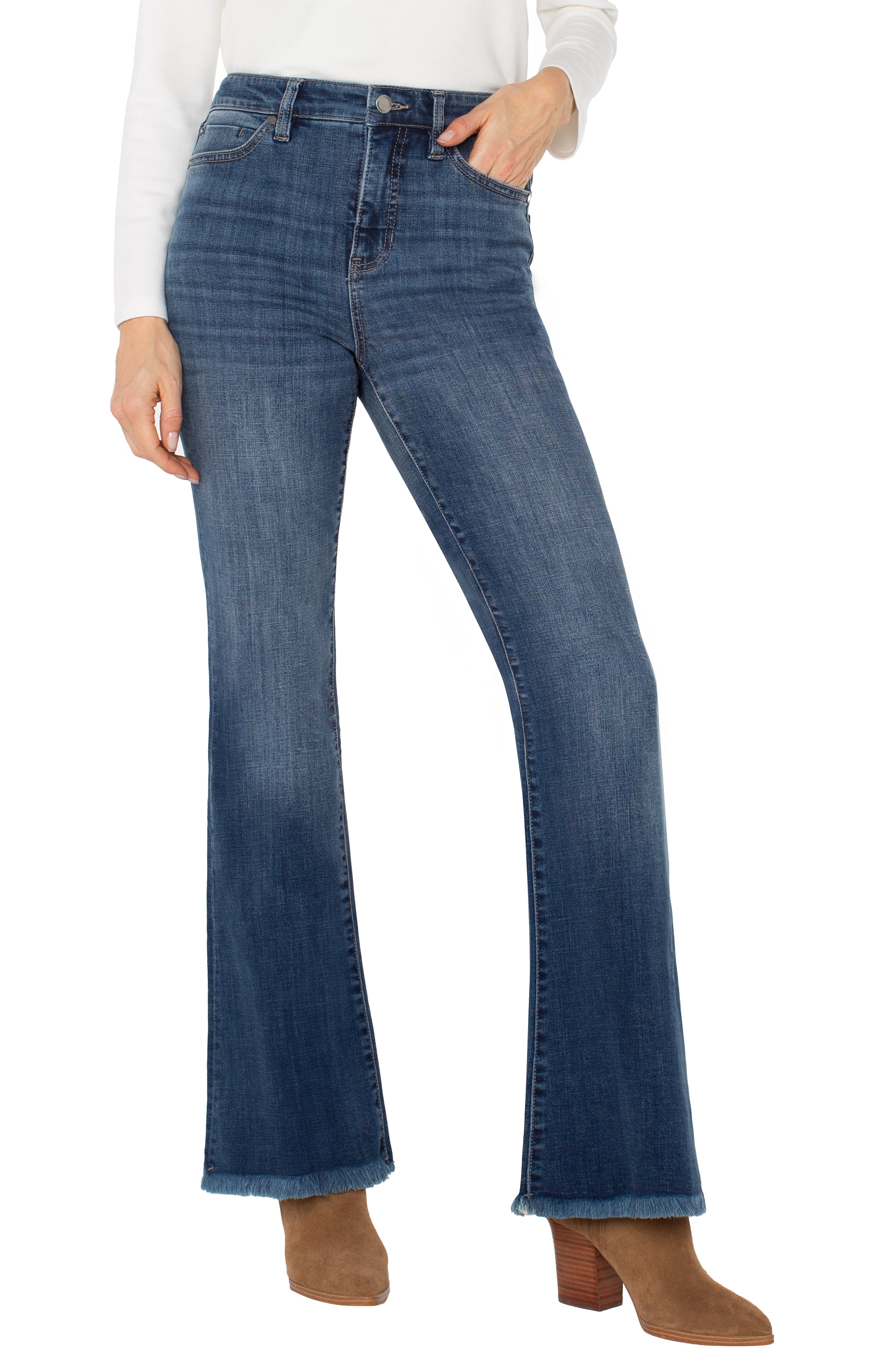 Liverpool Hannah High Rise Flare with Fray Hem Jeans at ooh la la! in Grapevine TX 76051