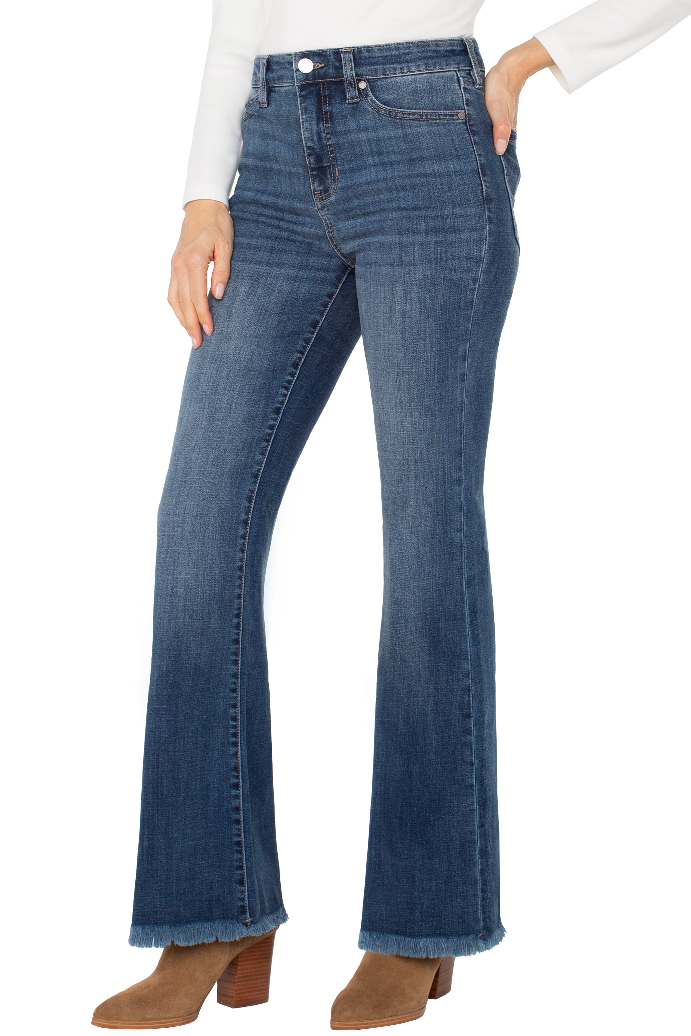 Liverpool Hannah High Rise Flare with Fray Hem Jeans at ooh la la! in Grapevine TX 76051