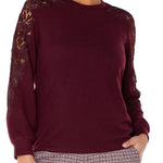 Liverpool Long Sleeve Crew Neck Lace Inset Knit Top in burgundy at ooh la la! in Grapevine TX 76051