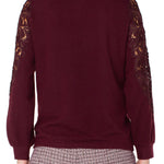 Liverpool Long Sleeve Crew Neck Lace Inset Knit Top in burgundy at ooh la la! in Grapevine TX 76051