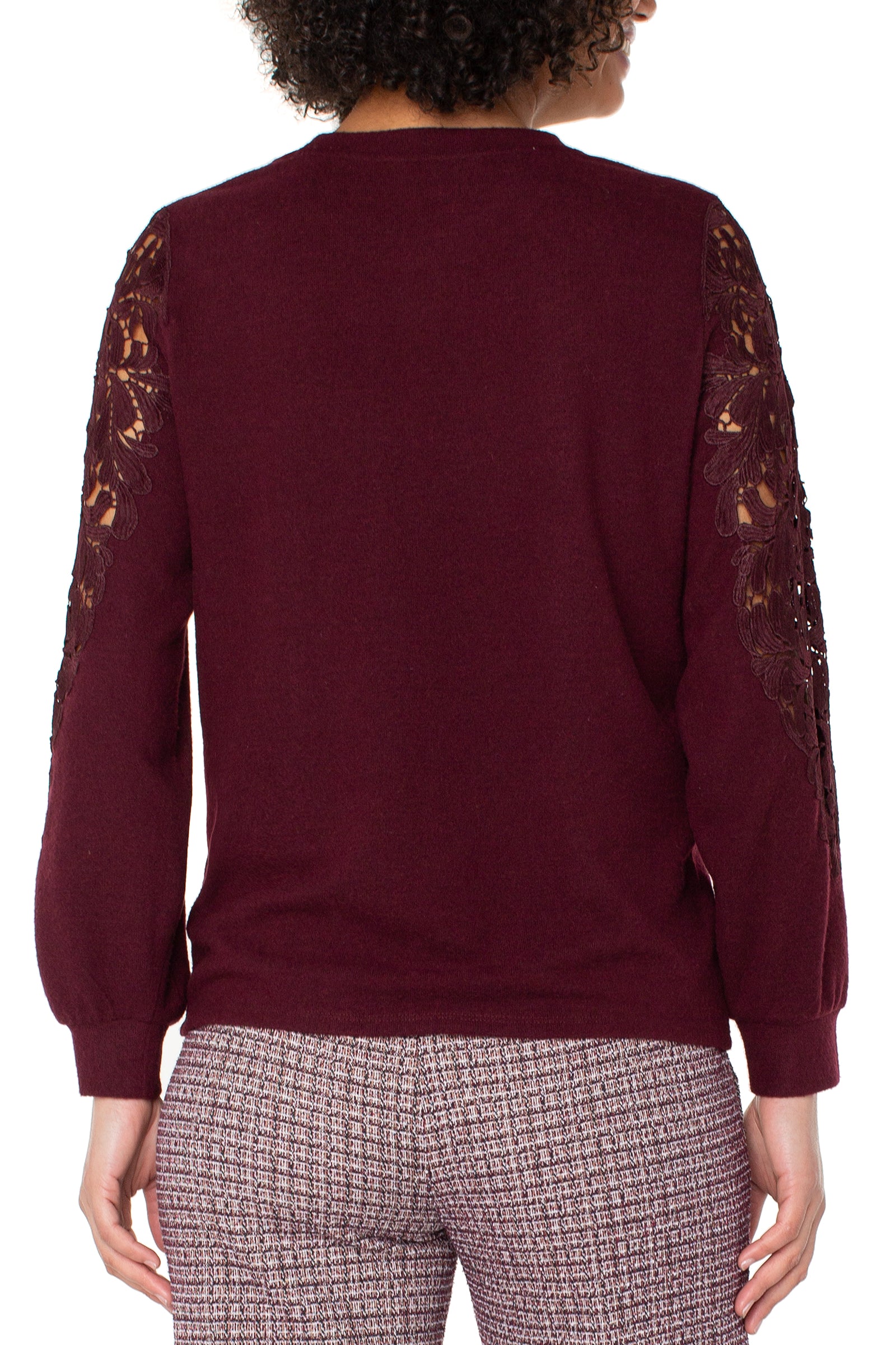 Liverpool Long Sleeve Crew Neck Lace Inset Knit Top in burgundy at ooh la la! in Grapevine TX 76051