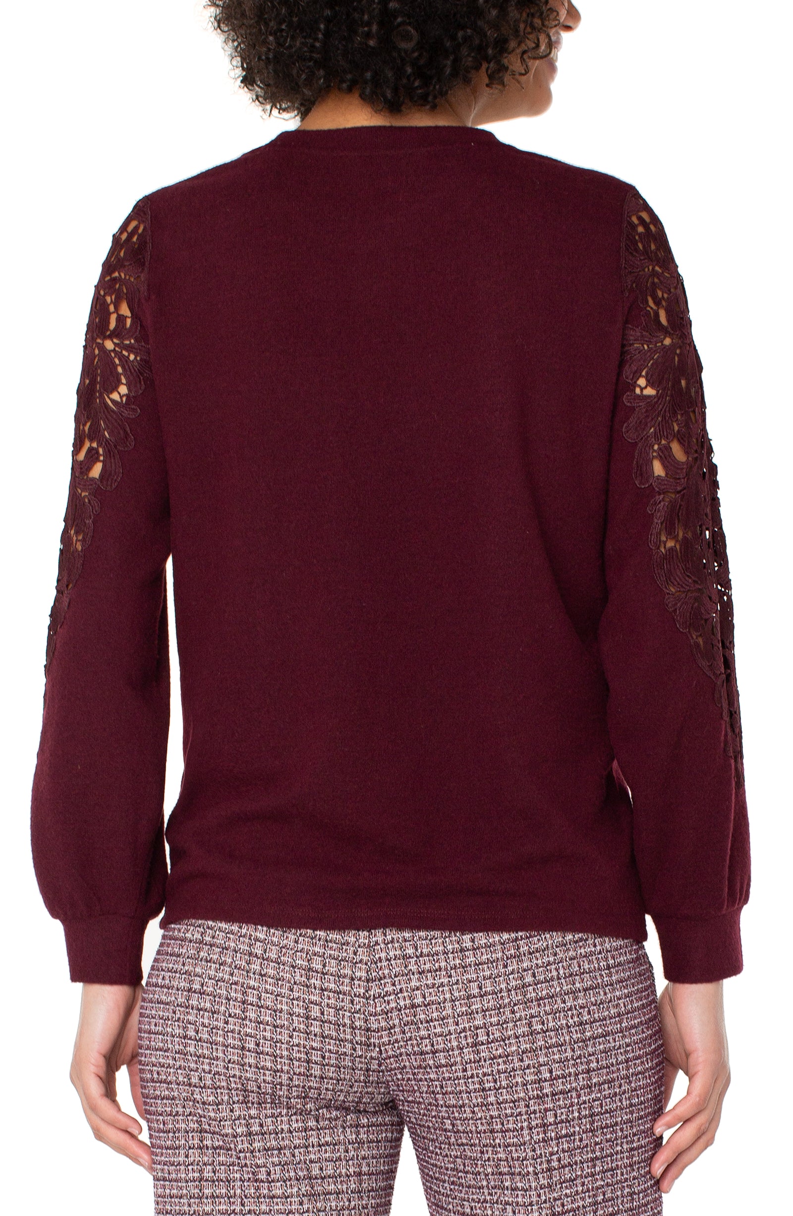 Liverpool Long Sleeve Crew Neck Lace Inset Knit Top in burgundy at ooh la la! in Grapevine TX 76051