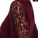 Liverpool Long Sleeve Crew Neck Lace Inset Knit Top in burgundy at ooh la la! in Grapevine TX 76051