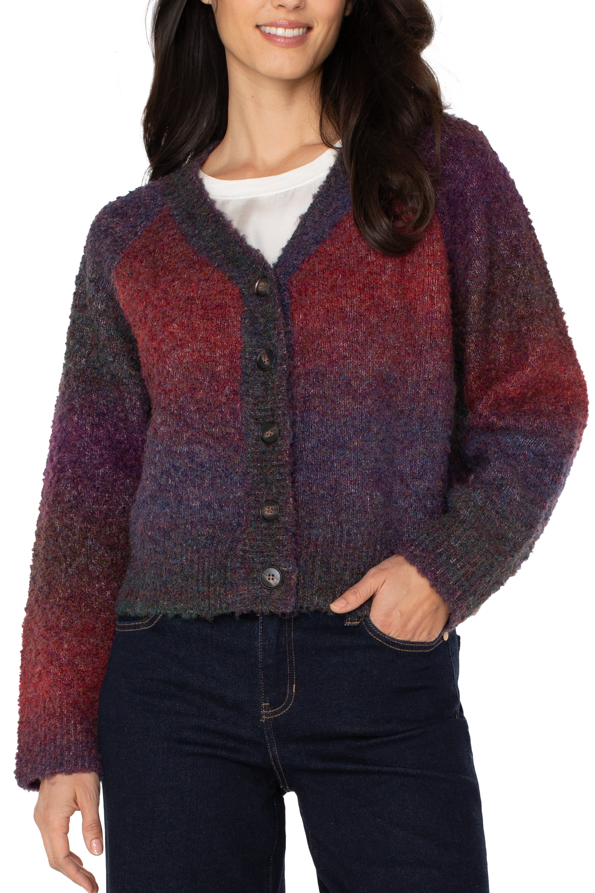 Liverpool Long Sleeve Raglan Button Front Ombre Cardigan Sweater at ooh la la! in Grapevine TX 76051