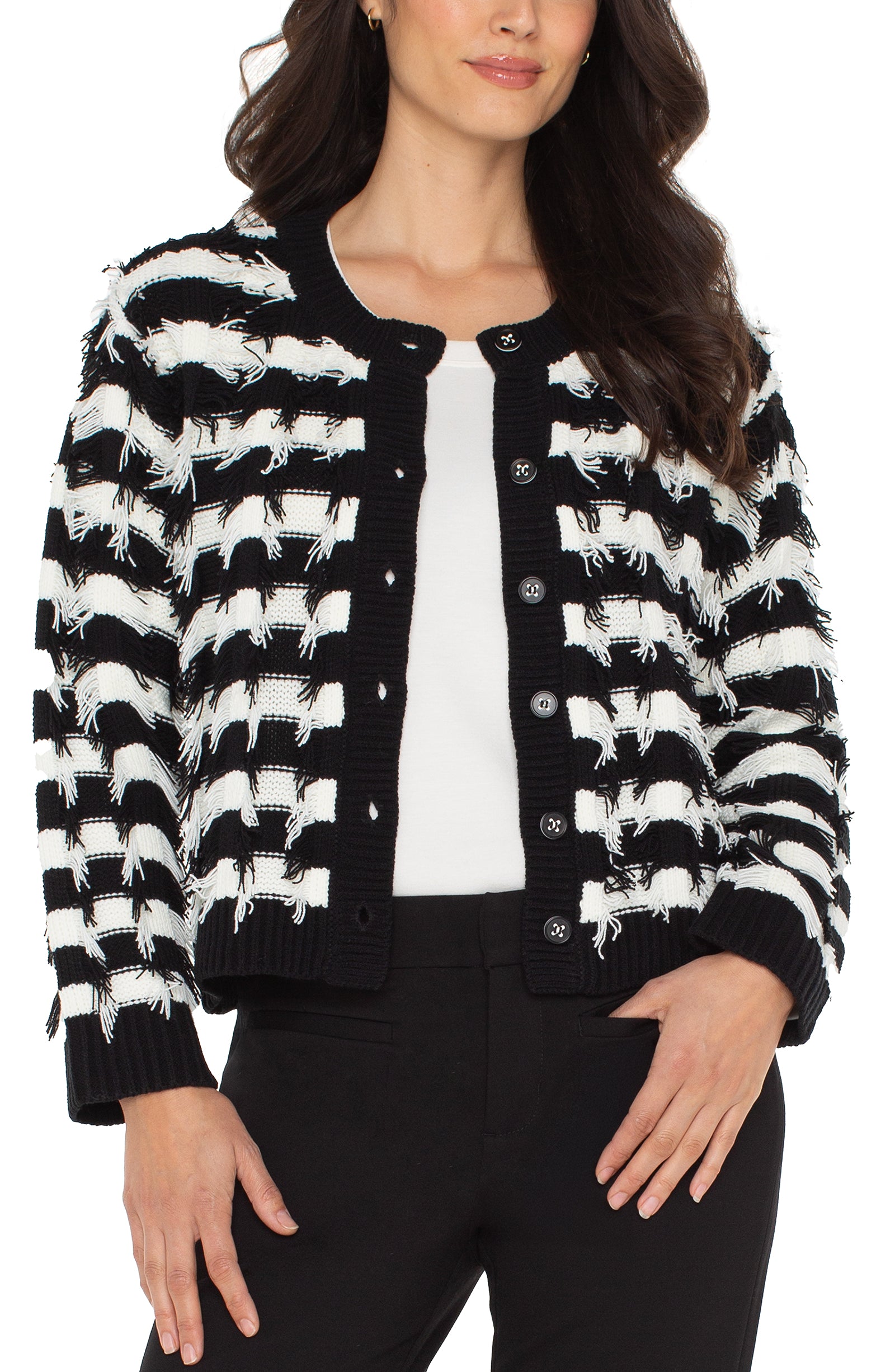 Liverpool Frog Stripe Cardigan in black and white at ooh la la! in Grapevine TX 76051
