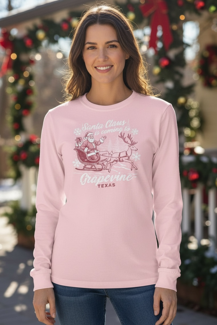 Santa is Coming to Grapevine Long Sleeve Tee In pink at ooh la la! in Grapevine TX 76051