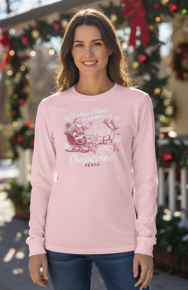Santa is Coming to Grapevine Long Sleeve Tee In pink at ooh la la! in Grapevine TX 76051