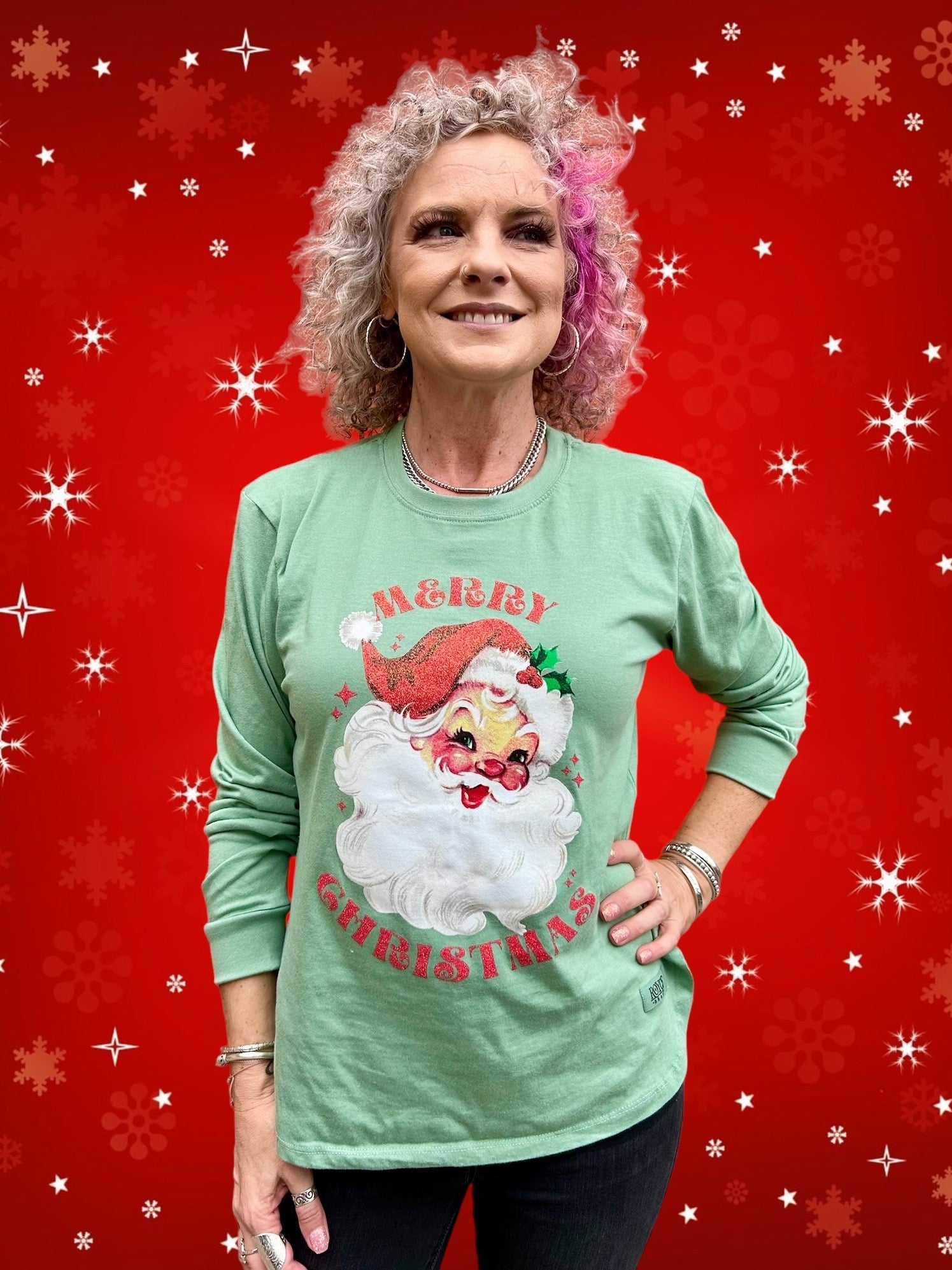 Glitter Santa Long Sleeve Tee in Sage at ooh la la! in Grapevine TX 76051