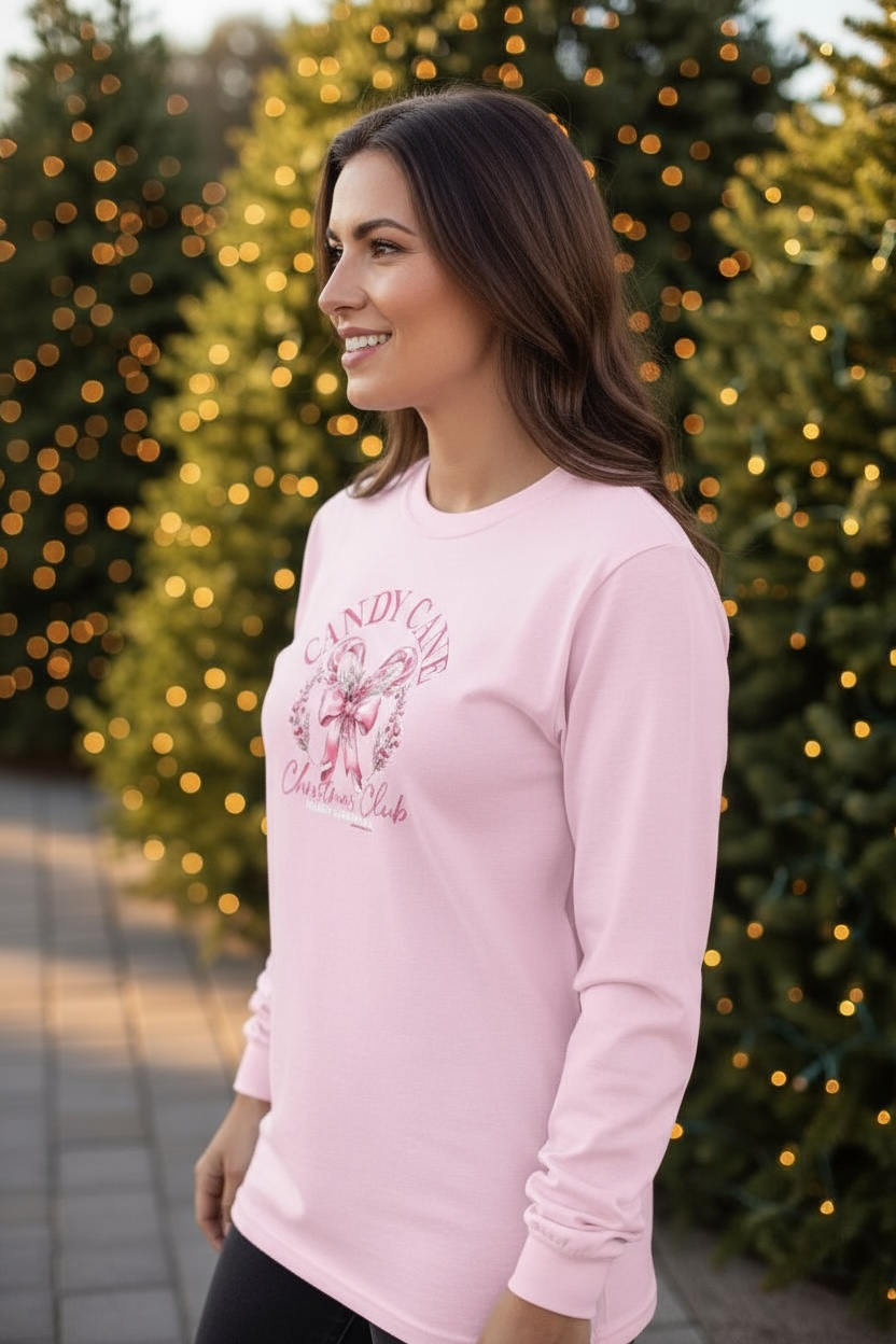 Candy Cane Christmas Club Long Sleeve Tee in pink at ooh la la! in Grapevine TX 76051