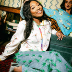 Queen of Sparkles White Multi Cosmo & Martini Button Up Cardigan With Rainbow Trim at ooh la la! in Grapevine TX 76051