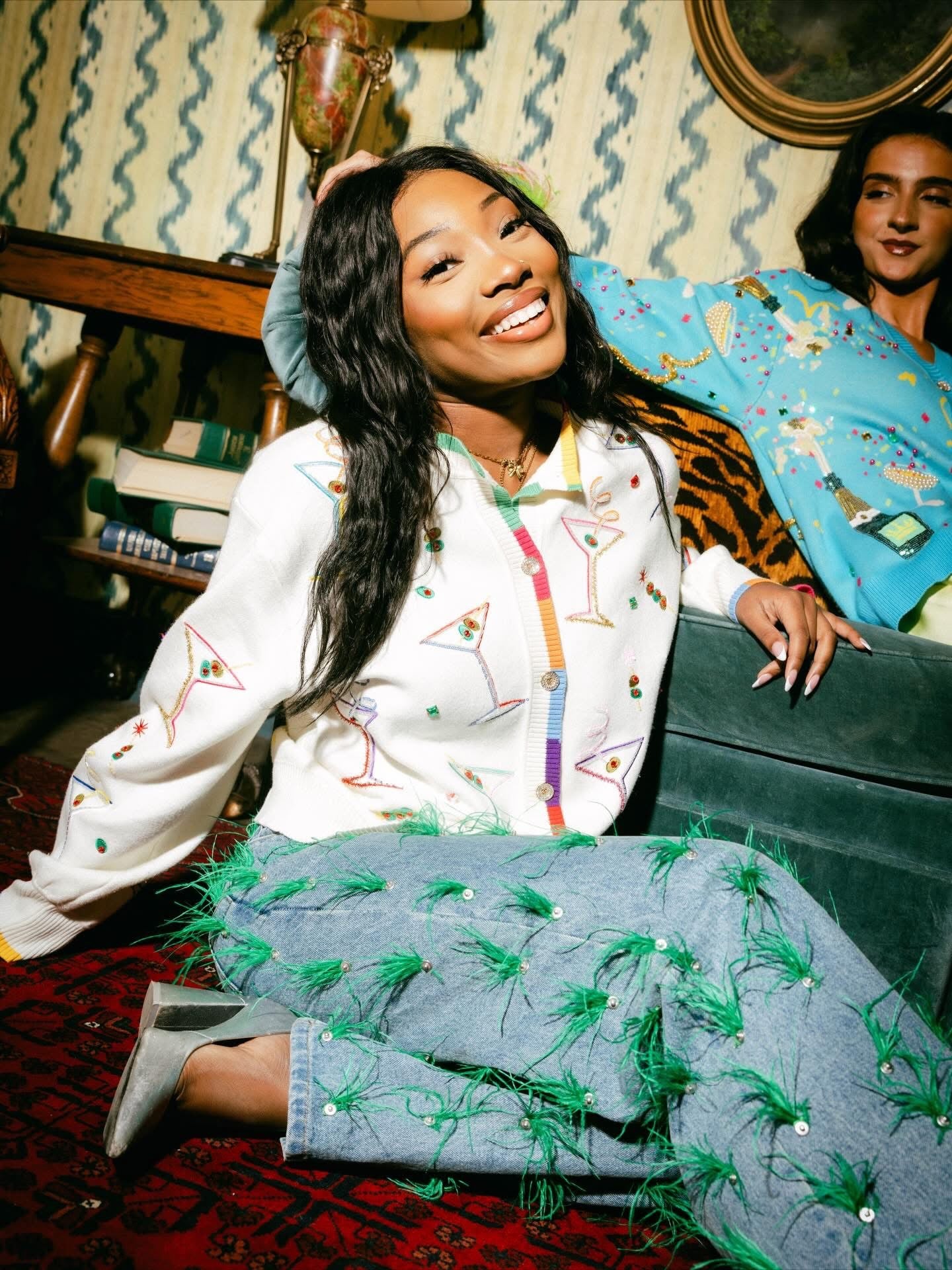 Queen of Sparkles White Multi Cosmo & Martini Button Up Cardigan With Rainbow Trim at ooh la la! in Grapevine TX 76051