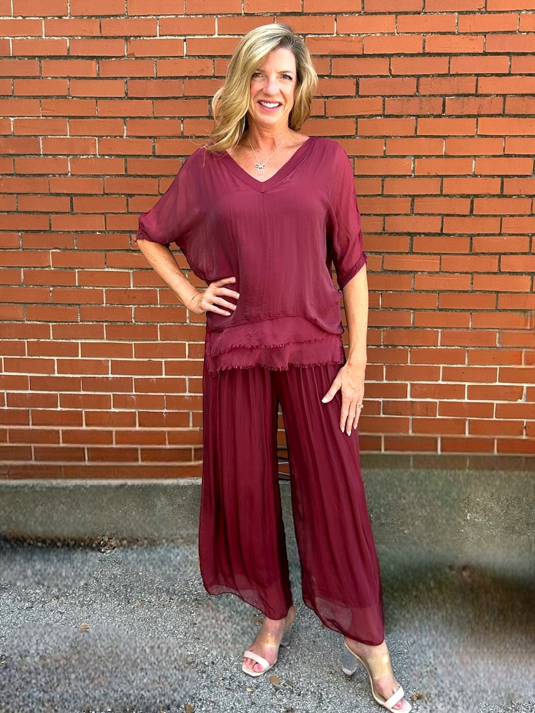 Made in Italy Silk Wide Leg Pants in Burgundy at ooh la la! in Grapevine TX 76051