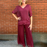 Made in Italy Silk Wide Leg Pants in Burgundy at ooh la la! in Grapevine TX 76051