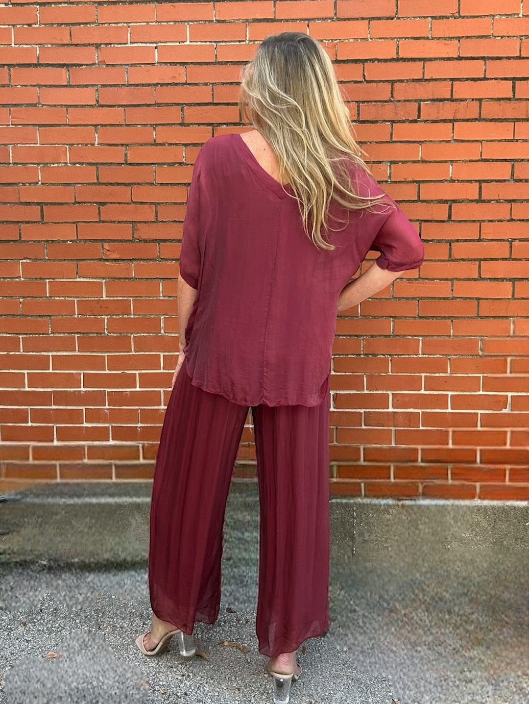 Made in Italy Silk Wide Leg Pants in Burgundy at ooh la la! in Grapevine TX 76051