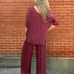 Made in Italy Silk Wide Leg Pants in Burgundy at ooh la la! in Grapevine TX 76051