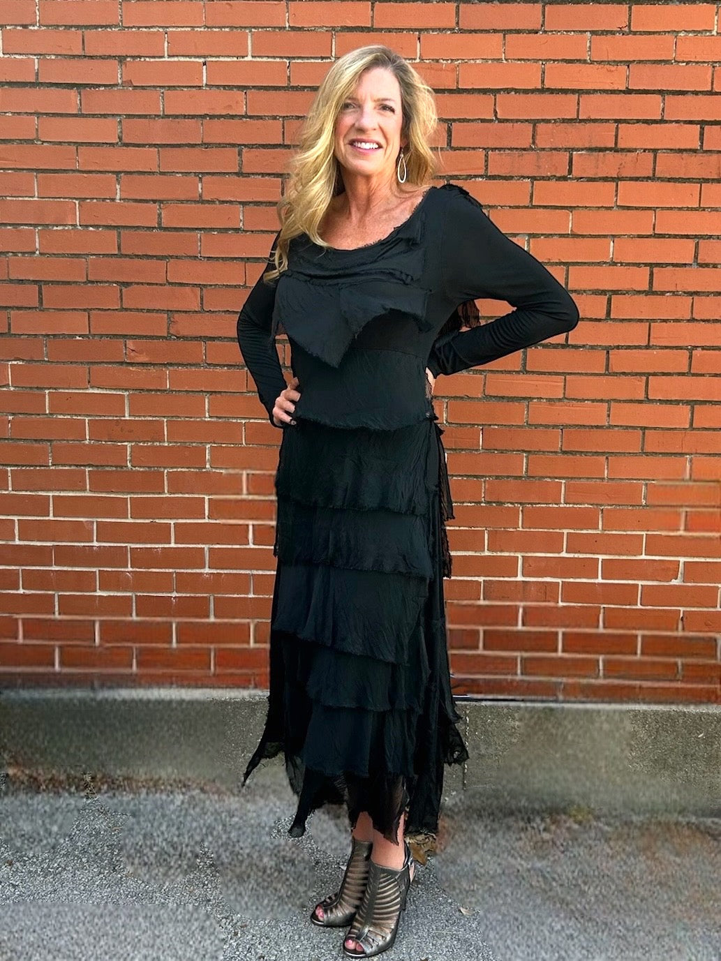 Made in Italy Long Sleeve Full Length Silk Ruffle Dress in Black at ooh la la! in Grapevine Tx 76051