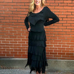 Made in Italy Long Sleeve Full Length Silk Ruffle Dress in Black at ooh la la! in Grapevine Tx 76051