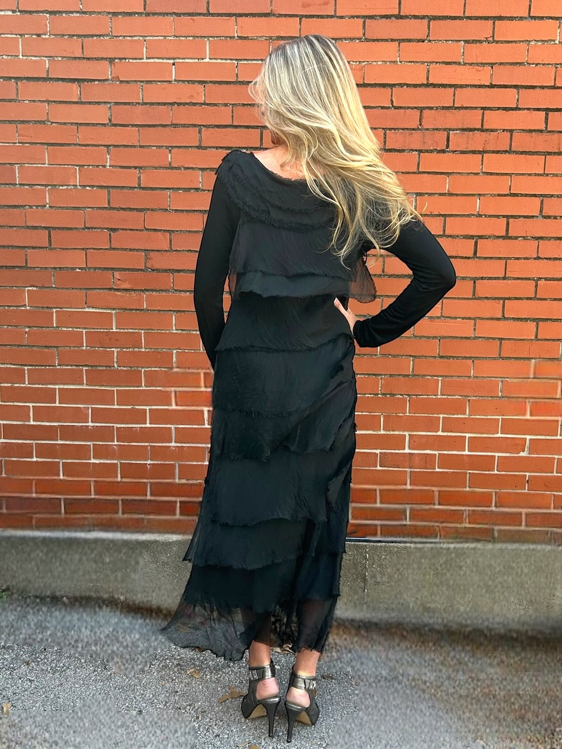 Made in Italy Long Sleeve Full Length Silk Ruffle Dress in Black at ooh la la! in Grapevine Tx 76051
