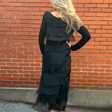 Made in Italy Long Sleeve Full Length Silk Ruffle Dress in Black at ooh la la! in Grapevine Tx 76051