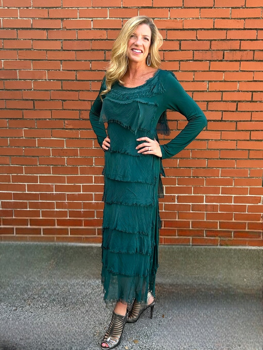 Made in Italy Long Sleeve Full Length Silk Ruffle Dress in Forest Green at ooh la la! in Grapevine Tx 76051