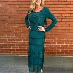 Made in Italy Long Sleeve Full Length Silk Ruffle Dress in Forest Green at ooh la la! in Grapevine Tx 76051