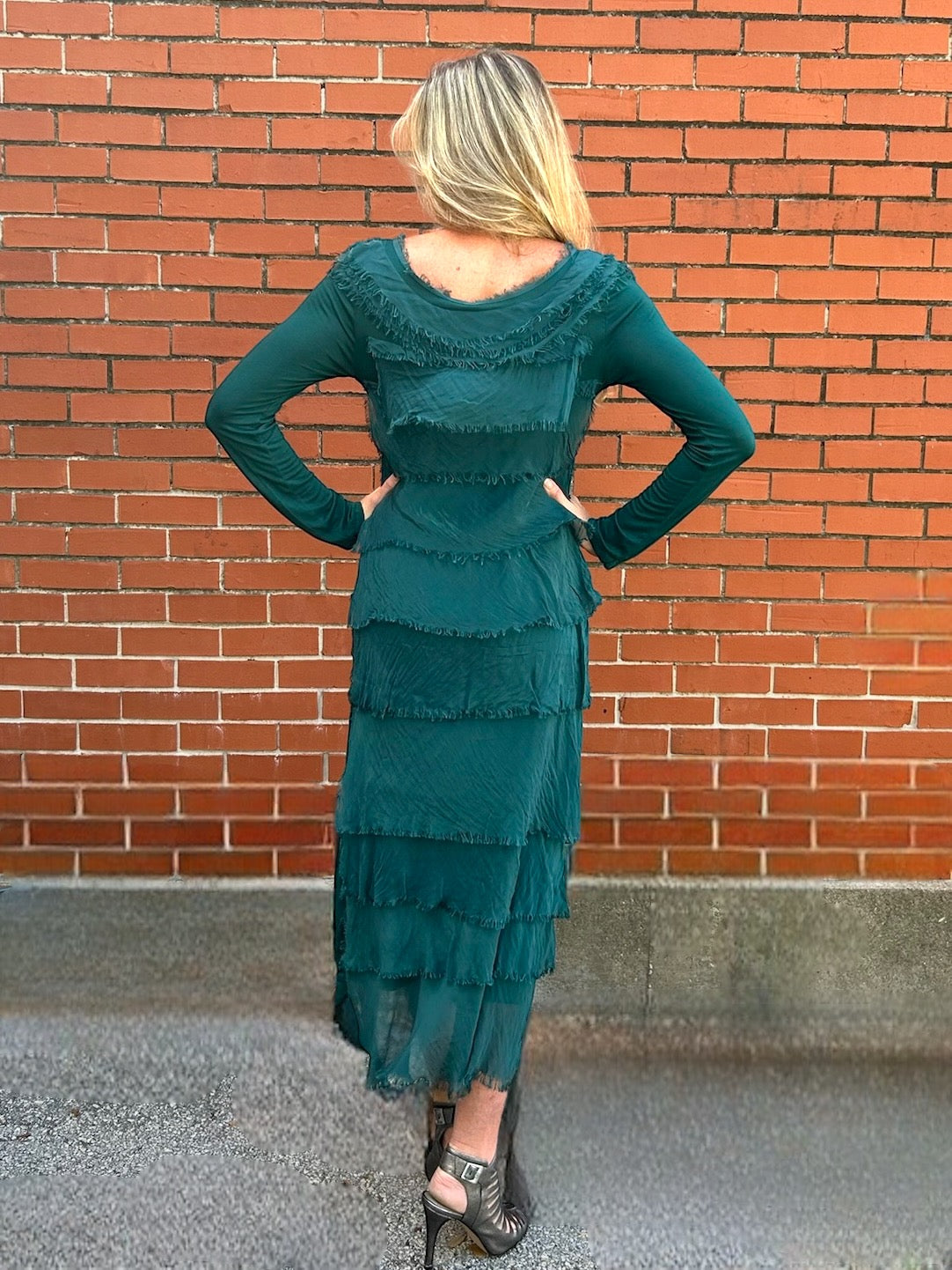 Made in Italy Long Sleeve Full Length Silk Ruffle Dress in Forest Green at ooh la la! in Grapevine Tx 76051