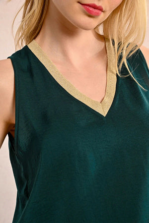 Molly Bracken Gold Trim VNeck Tank in dark green at ooh la la! in Grapevine TX 76051