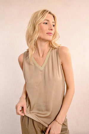 Molly Bracken Gold Trim VNeck Tank in golden beige at ooh la la! in Grapevine TX 76051