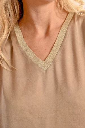 Molly Bracken Gold Trim VNeck Tank in golden beige at ooh la la! in Grapevine TX 76051