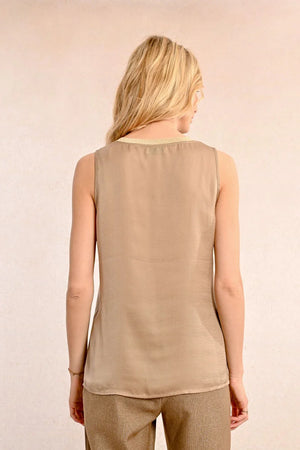 Molly Bracken Gold Trim VNeck Tank in golden beige at ooh la la! in Grapevine TX 76051