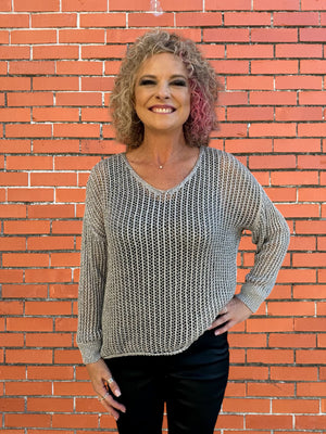 Open Knit Long Sleeve V Neck Shimmer Sweater - Multiple Colors