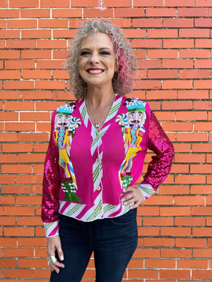 Queen of Sparkles Hot Pink Peppermint Nutcracker Shard Sequin Sleeve Cardigan at ooh la la! in Grapevine TX 76051