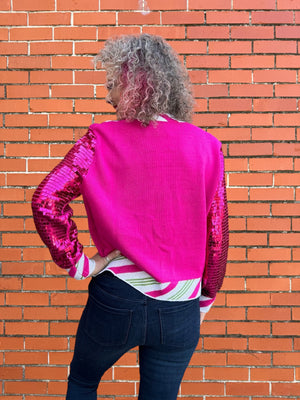 Queen of Sparkles Hot Pink Peppermint Nutcracker Shard Sequin Sleeve Cardigan at ooh la la! in Grapevine TX 76051