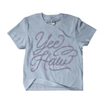 Yeehaw crop tee, western graphic top, mid-length crop shirt, pink rope graphic, southern chic apparel, cowgirl style, soft graphic tee, women's western fashion.
at ooh la la! in Grapevine TX 76051