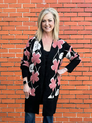 Long Cardigan with Pink Flowers at ooh la la! in Grapevine TX 76051