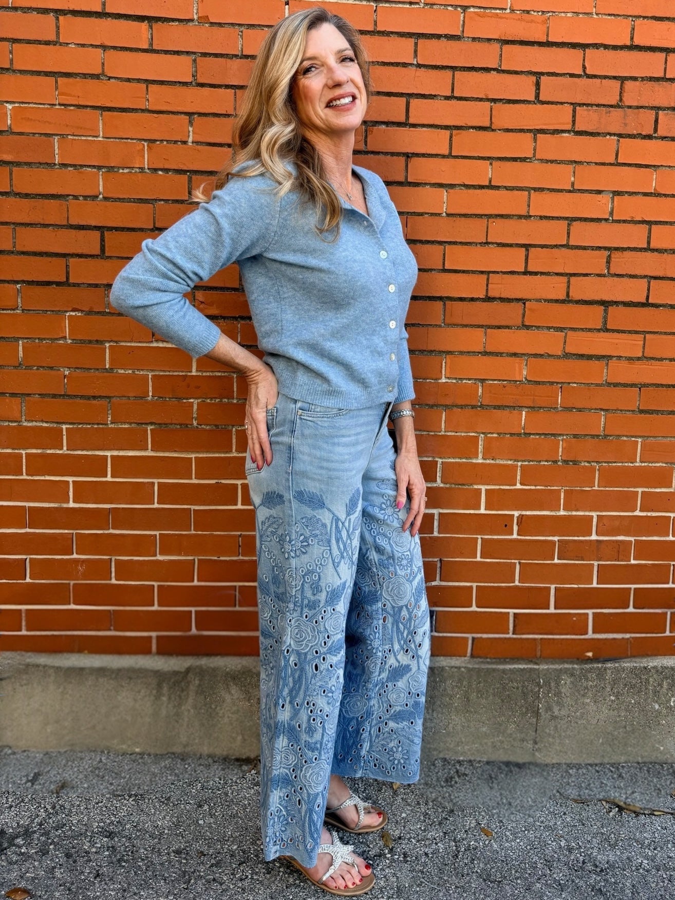 wide leg jeans, embroidered denim, high waisted jeans, floral embroidery, boho jeans, lyocell denim, ankle length jeans, feminine style, premium denim at ooh la la! in Grapevine TX 76051