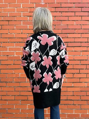 Long Cardigan with Pink Flowers at ooh la la! in Grapevine TX 76051