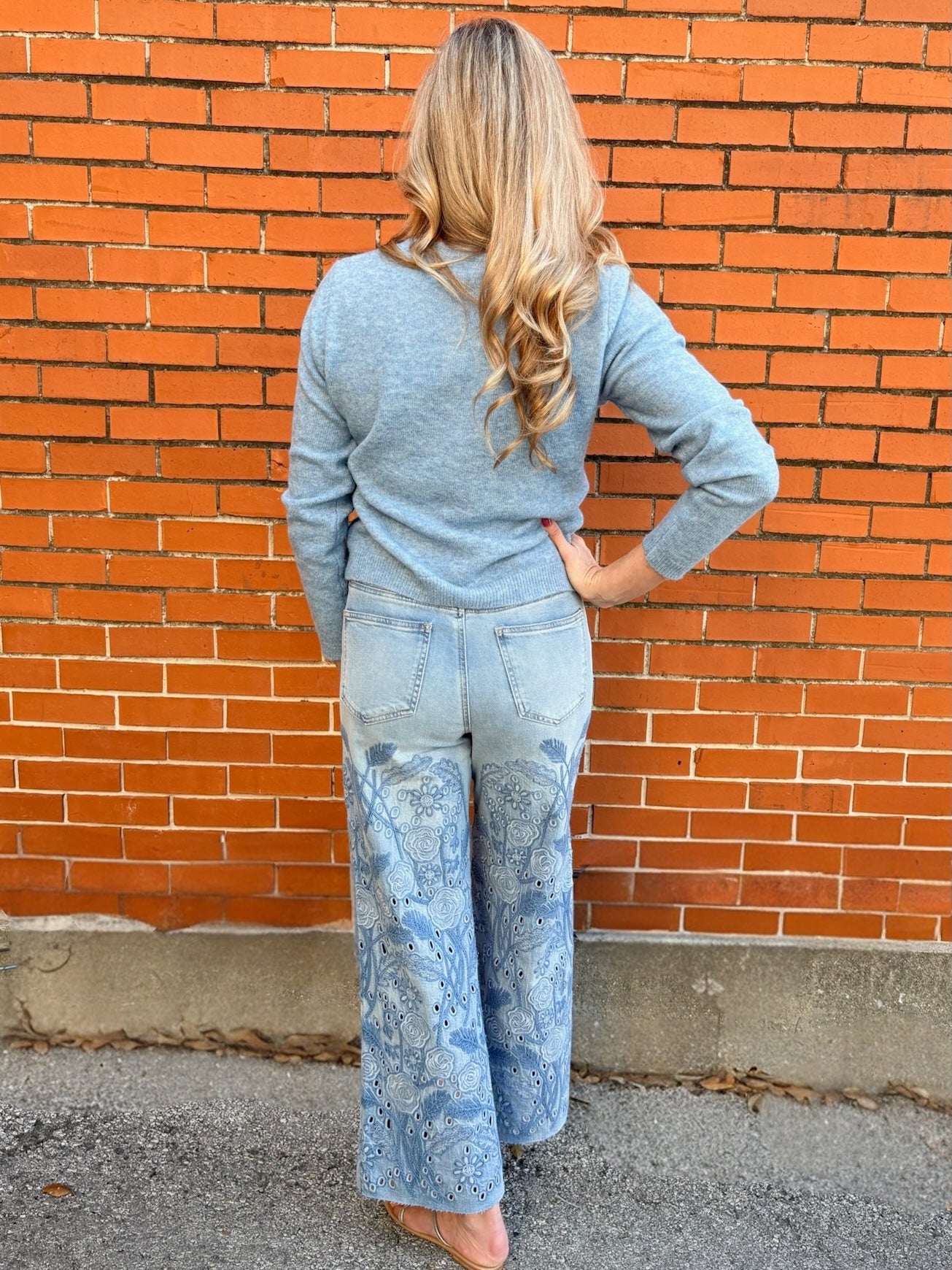 wide leg jeans, embroidered denim, high waisted jeans, floral embroidery, boho jeans, lyocell denim, ankle length jeans, feminine style, premium denim at ooh la la! in Grapevine TX 76051