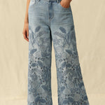 wide leg jeans, embroidered denim, high waisted jeans, floral embroidery, boho jeans, lyocell denim, ankle length jeans, feminine style, premium denim at ooh la la! in Grapevine TX 76051