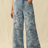 wide leg jeans, embroidered denim, high waisted jeans, floral embroidery, boho jeans, lyocell denim, ankle length jeans, feminine style, premium denim at ooh la la! in Grapevine TX 76051