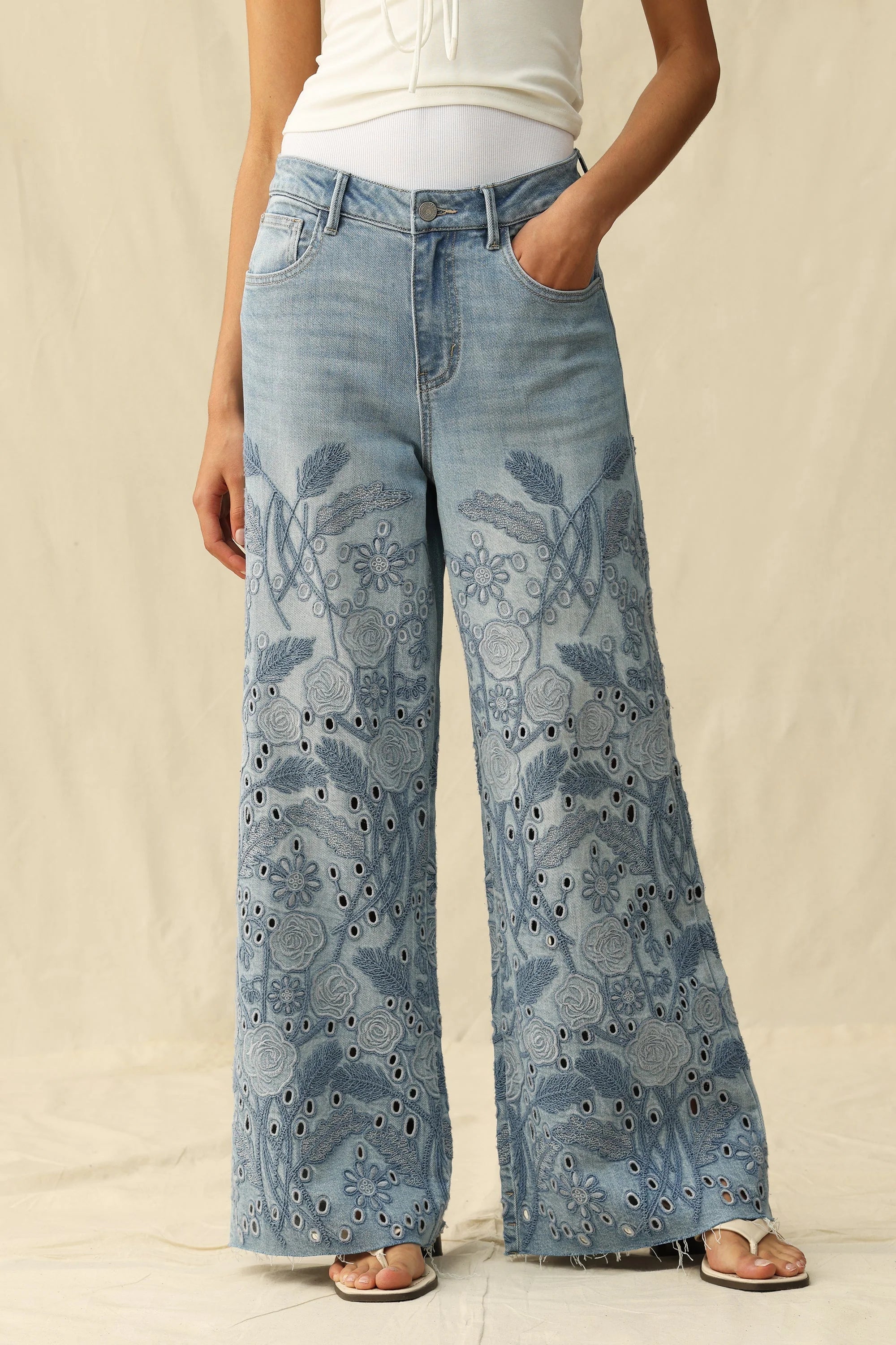 wide leg jeans, embroidered denim, high waisted jeans, floral embroidery, boho jeans, lyocell denim, ankle length jeans, feminine style, premium denim at ooh la la! in Grapevine TX 76051