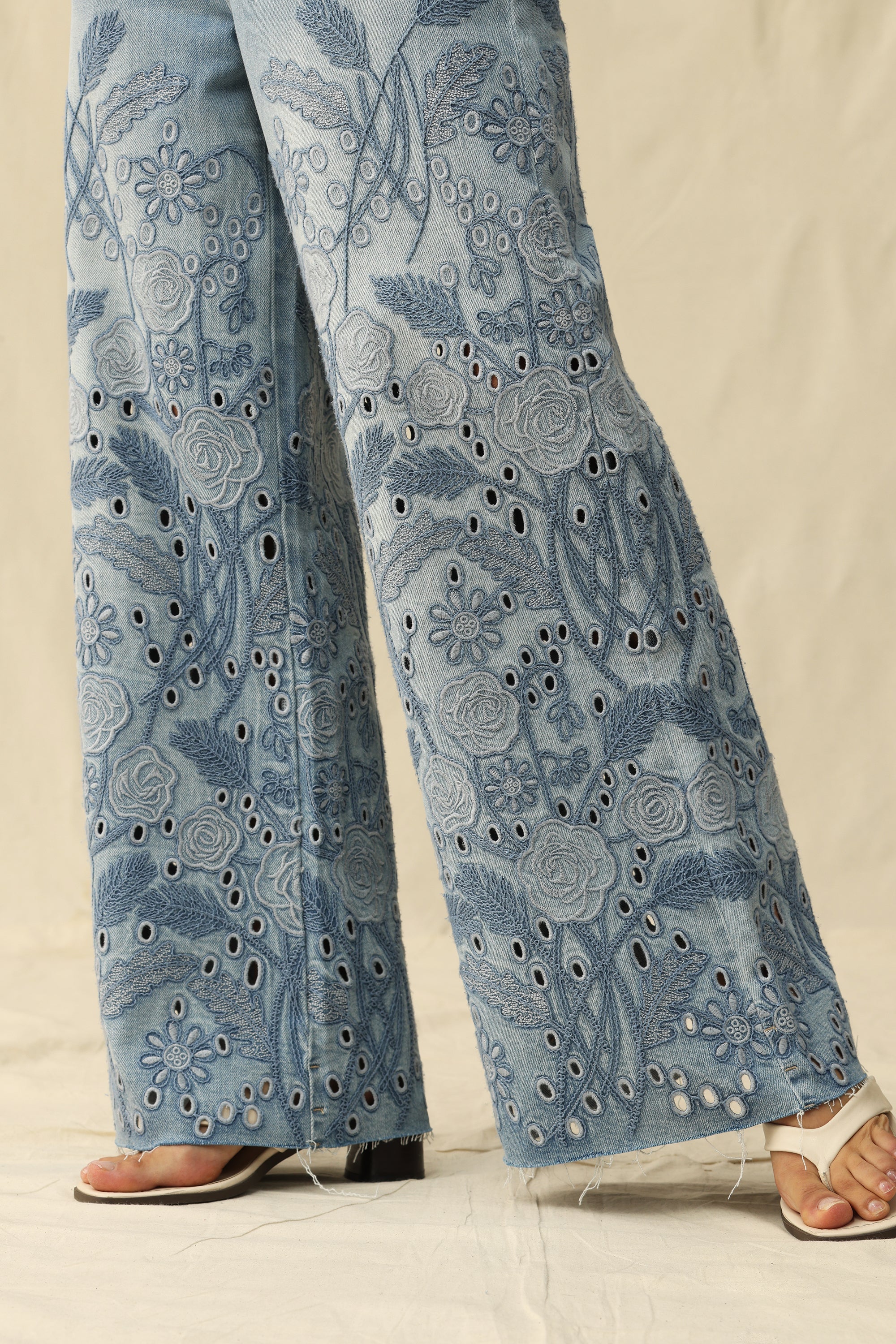 wide leg jeans, embroidered denim, high waisted jeans, floral embroidery, boho jeans, lyocell denim, ankle length jeans, feminine style, premium denim at ooh la la! in Grapevine TX 76051