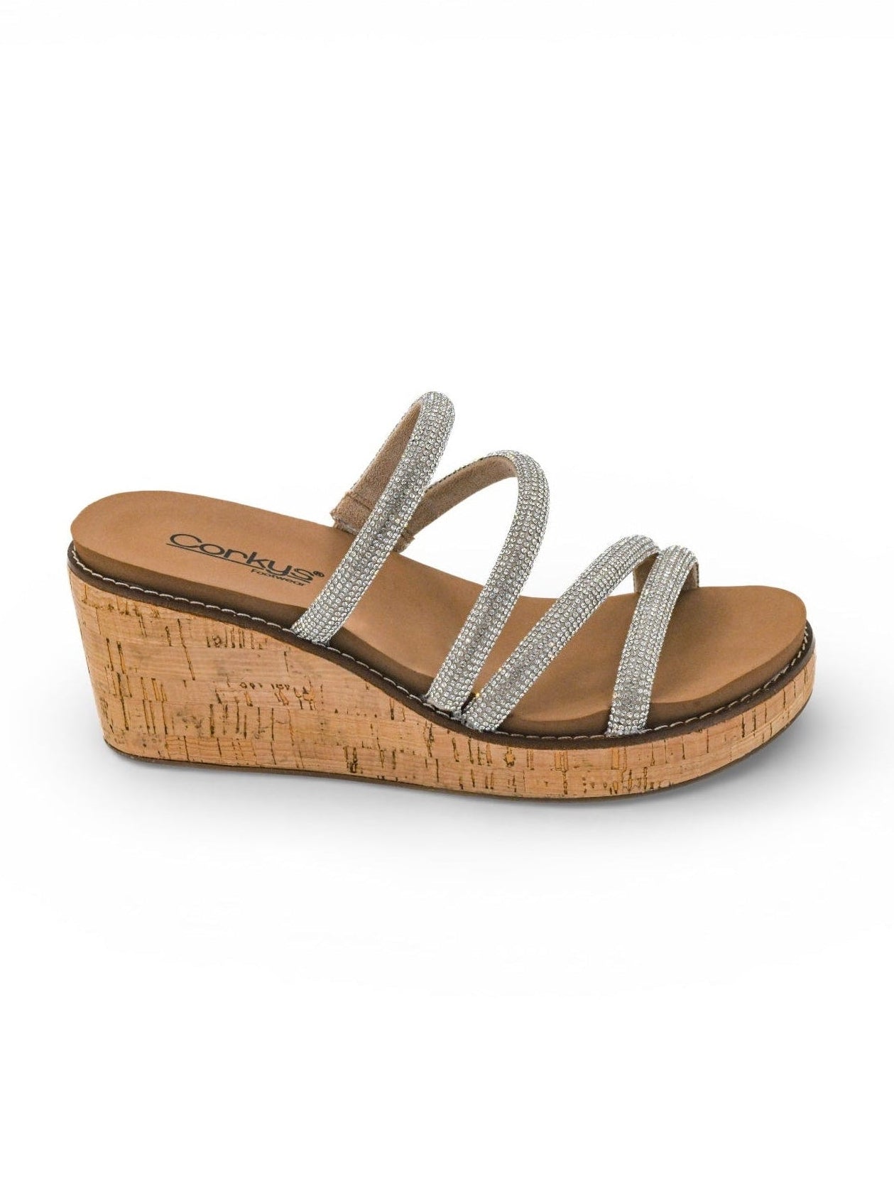 Corky footwear, rhinestone wedge, summer sandals, casual glamour, comfortable platform, adjustable straps, special occasion shoes at ooh la la! in Grapevine TX 76051