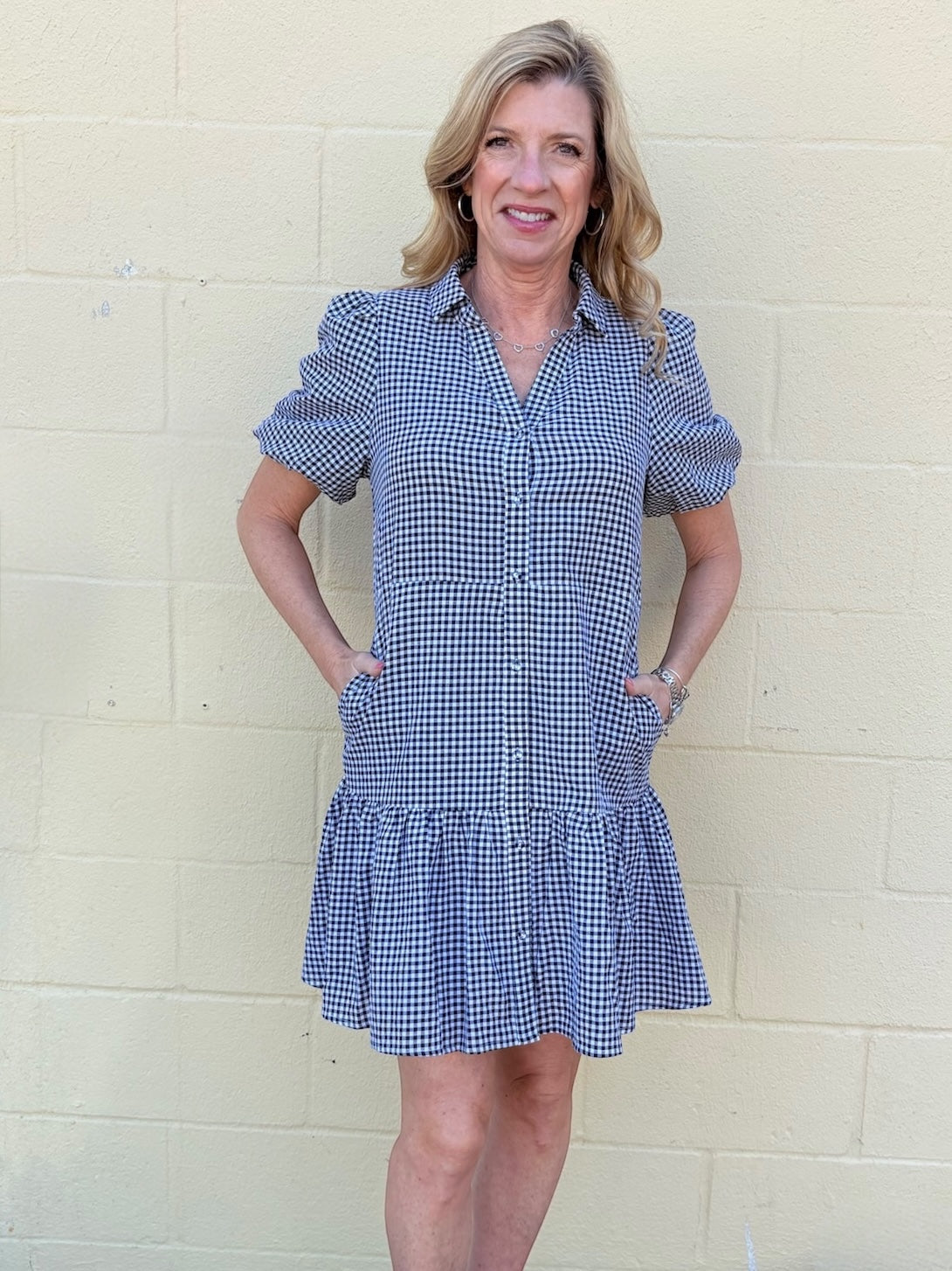 black gingham dress, cotton shirt dress, puff sleeve dress, lightweight summer dress, black and white gingham, women's cotton dress, tiered shirt dress, pebbles dress at ooh la la! in Grapevine TX 76051