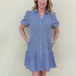 black gingham dress, cotton shirt dress, puff sleeve dress, lightweight summer dress, black and white gingham, women's cotton dress, tiered shirt dress, pebbles dress at ooh la la! in Grapevine TX 76051