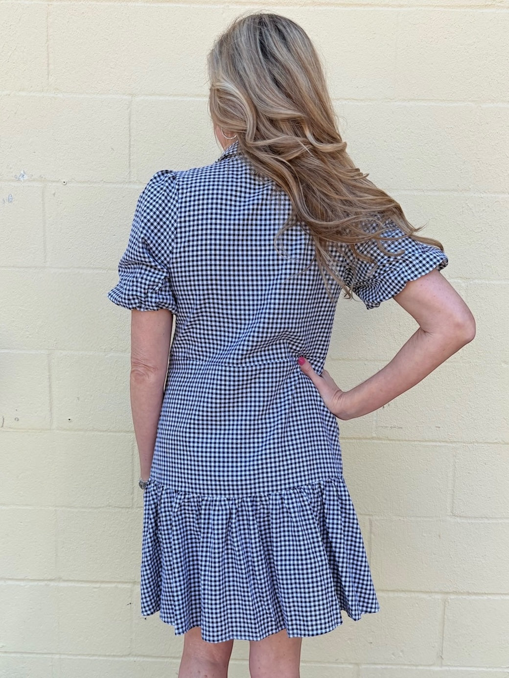 black gingham dress, cotton shirt dress, puff sleeve dress, lightweight summer dress, black and white gingham, women's cotton dress, tiered shirt dress, pebbles dress at ooh la la! in Grapevine TX 76051
