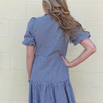 black gingham dress, cotton shirt dress, puff sleeve dress, lightweight summer dress, black and white gingham, women's cotton dress, tiered shirt dress, pebbles dress at ooh la la! in Grapevine TX 76051