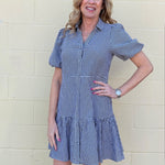 black gingham dress, cotton shirt dress, puff sleeve dress, lightweight summer dress, black and white gingham, women's cotton dress, tiered shirt dress, pebbles dress at ooh la la! in Grapevine TX 76051