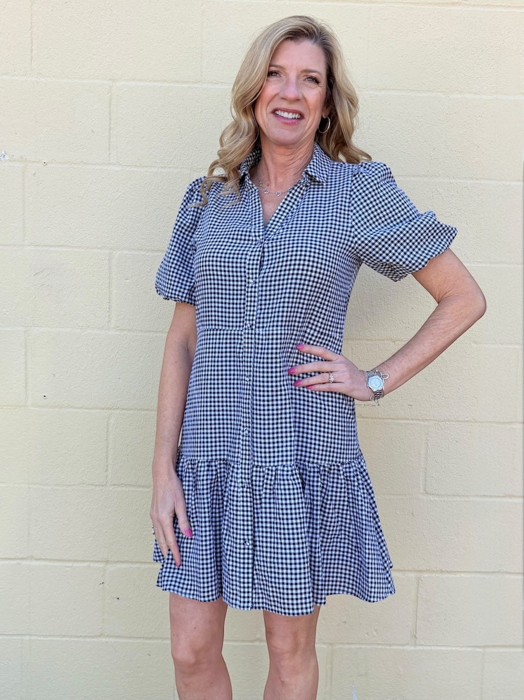 black gingham dress, cotton shirt dress, puff sleeve dress, lightweight summer dress, black and white gingham, women's cotton dress, tiered shirt dress, pebbles dress at ooh la la! in Grapevine TX 76051
